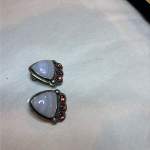 Blue Lace agate and opalite gemstone silver clip on Earrings
